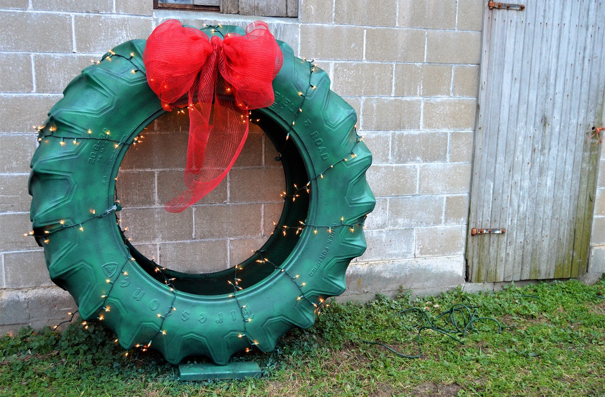 Farm Tractor Tire Wreath with Lights Ornament